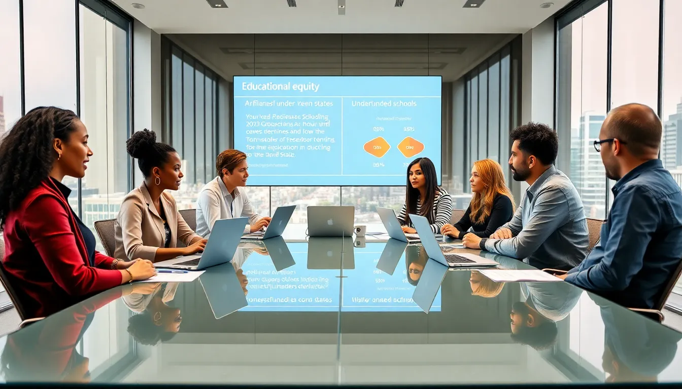diverse educators discussing educational equity in a modern meeting room.