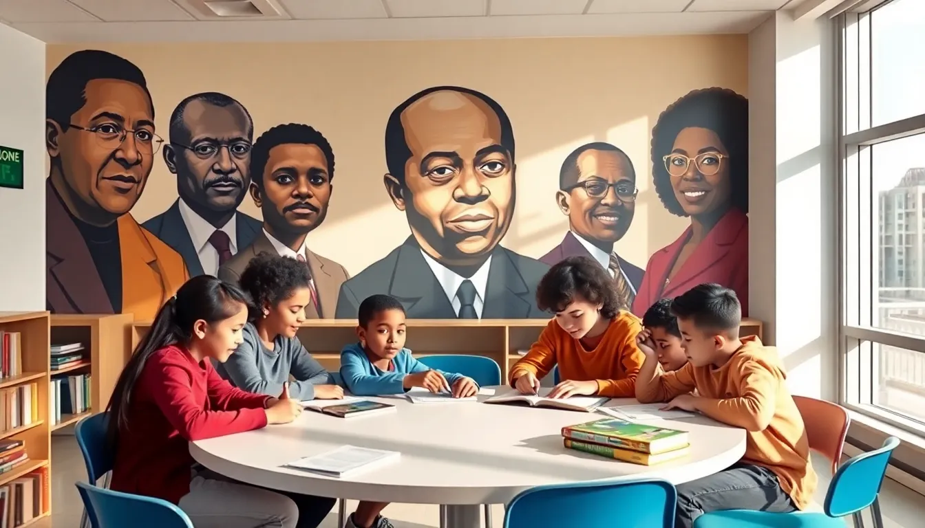 diverse students collaborating in a modern classroom setting.