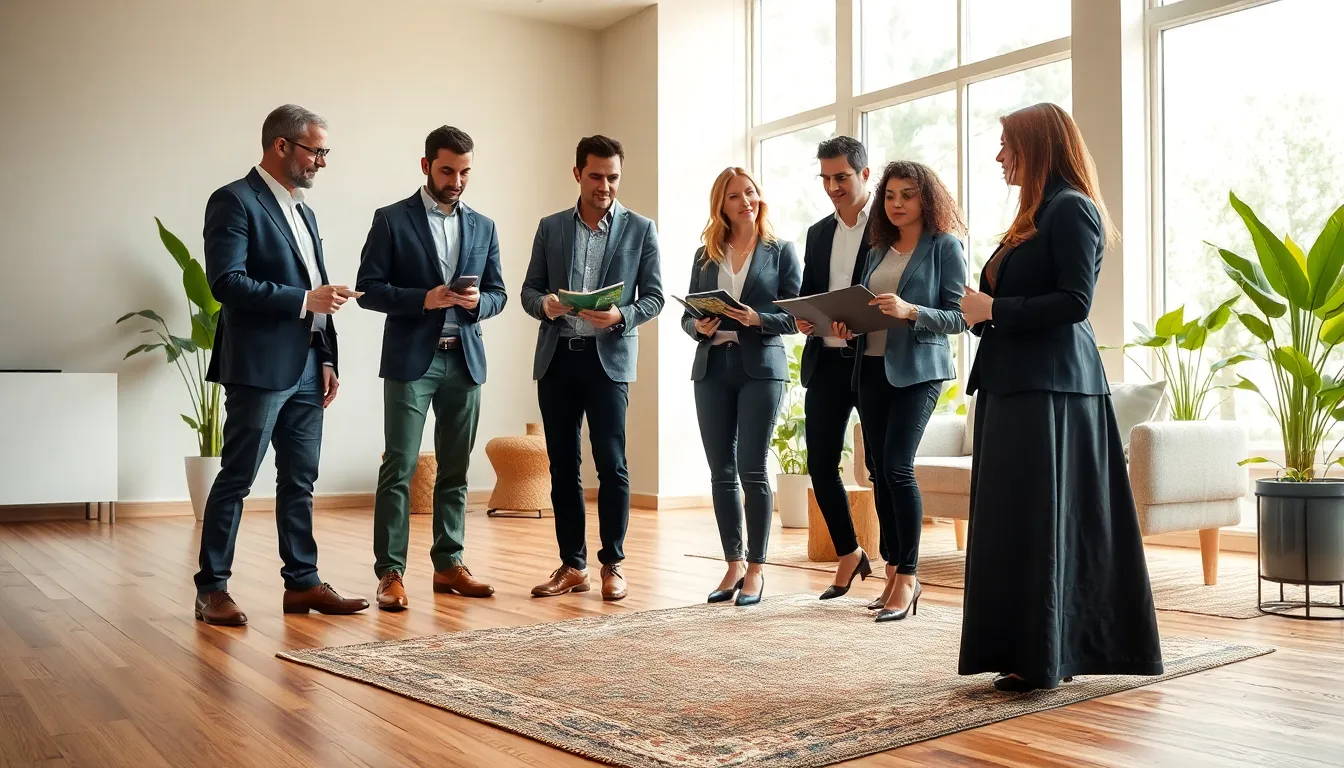 professionals discussing sustainable flooring options in a modern living space.