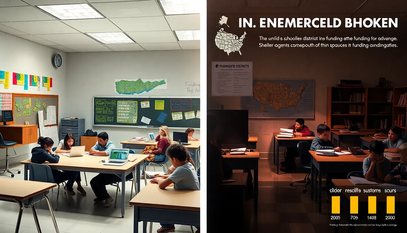 A comparison of well-funded and underfunded classrooms illustrating educational disparities.
