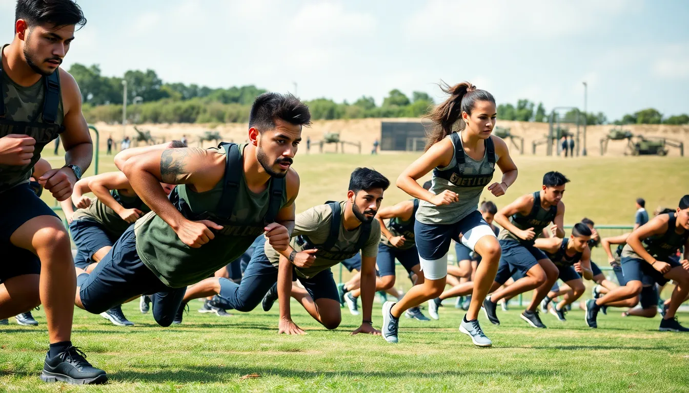 diverse group training in a military fitness boot camp outdoor setting.